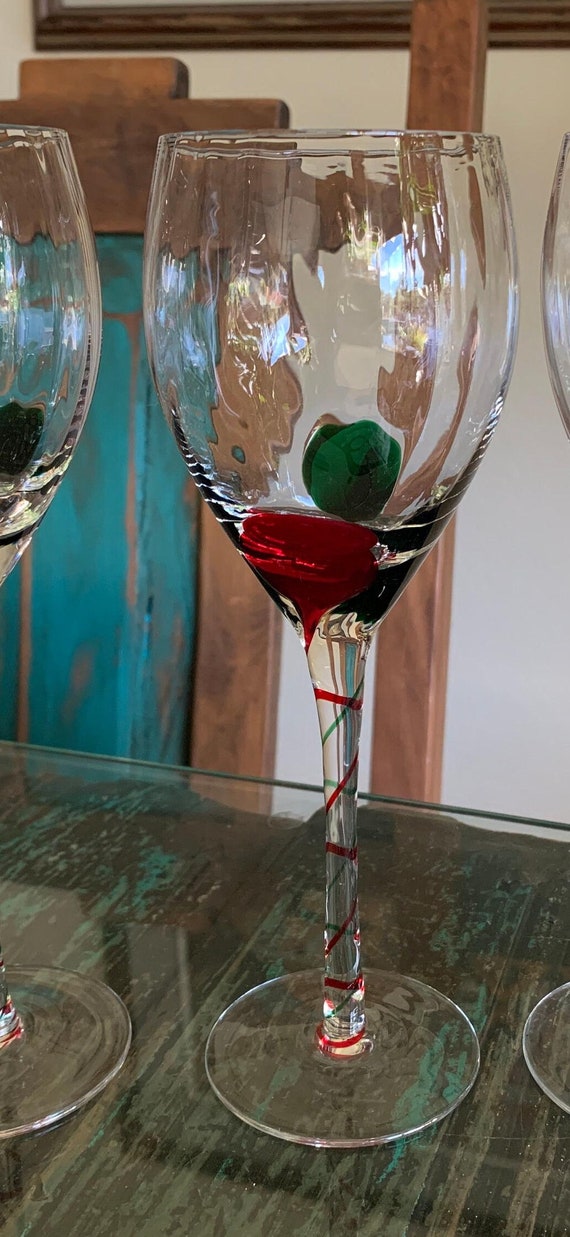 Pier 1 Optic Ribbon Wine Glasses Green and Red Color Drop Spiral Stem/p1c41  - Etsy