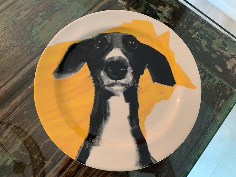 May include: A round, white ceramic plate featuring a black and white dog portrait against a yellow background. The dog's face is centered, with large, dark eyes and floppy ears. The plate has a simple, modern design.
