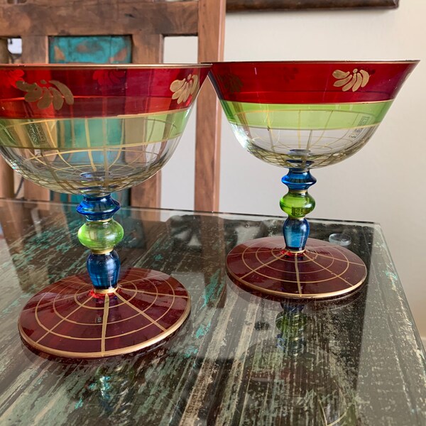 Set of Two Crystal Roscher Romanian Handpainted Pedestal Glasses/Dessert Goblets / Czech Bohemian  Glasses