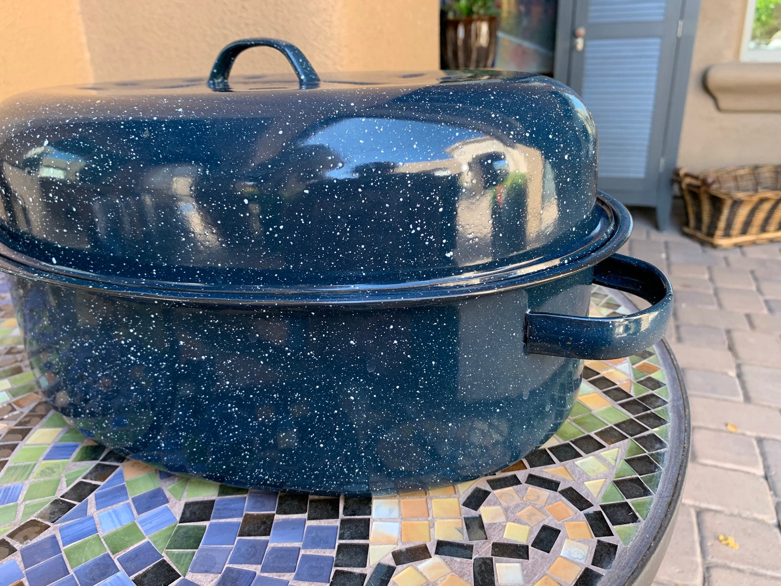 Vintage Enamel Graniteware Blue Roasting Pan with Lid/Vintage Etsy