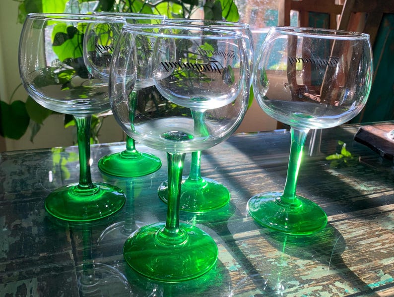 Tanqueray Copa Gin Glasses Set of 5 Green Stem Balloon Goblets Barware Cocktail Glass Vintage Style image 3