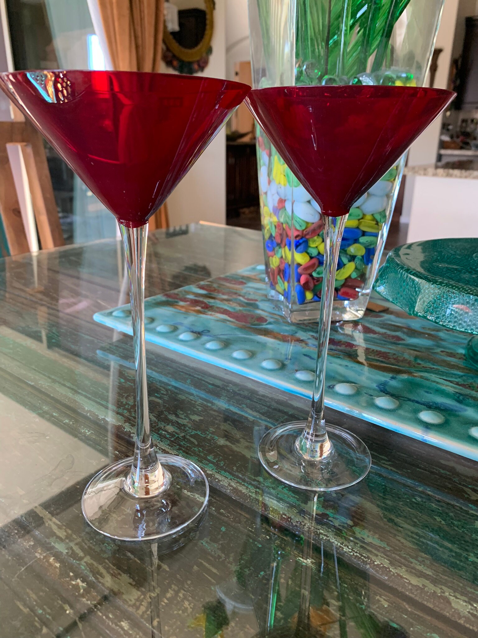 Pair of Tall Red Martini Glasses/red Bowl Clear Stem Cocktail Glasses 