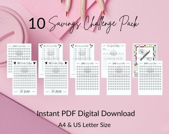 10 x Savings Challenge Pack [Digital Instant Download] Savings Goal | Savings Tracker | Cash Budgeting | Cash Stuffing | Budget Binder