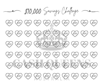 May include: A black and white printable savings challenge chart with 100 hearts, each labeled with $100. The chart is titled "$10,000 Savings Challenge".