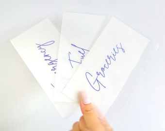 May include: Three white labels with purple handwritten text. The labels are labeled "Groceries", "Fuel", and "Laundry".