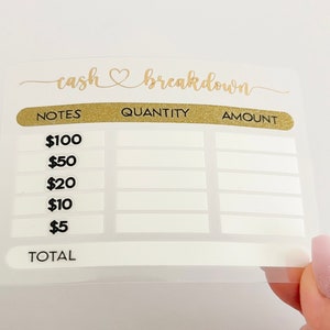 Comprobante de desglose de efectivo / Tarjeta laminada de color personalizado para sistema de sobres de dinero / Sistema de presupuesto personalizado / Relleno de efectivo / Carpeta de presupuesto bancario