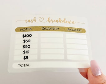 Cash Breakdown Slip | Custom Colour Laminated Card for Money Envelope System | Customised Budget System | Cash Stuffing | Bank Budget Binder