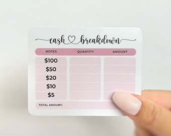 Könnte beinhalten: Ein rosa-weißer Cash-Breakdown-Tracker mit den Worten "cash breakdown" in Kursivschrift. Der Tracker hat Spalten für Noten, Menge und Betrag. Die Notenspalte listet 100 €, 50 €, 20 €, 10 € und 5 € auf.