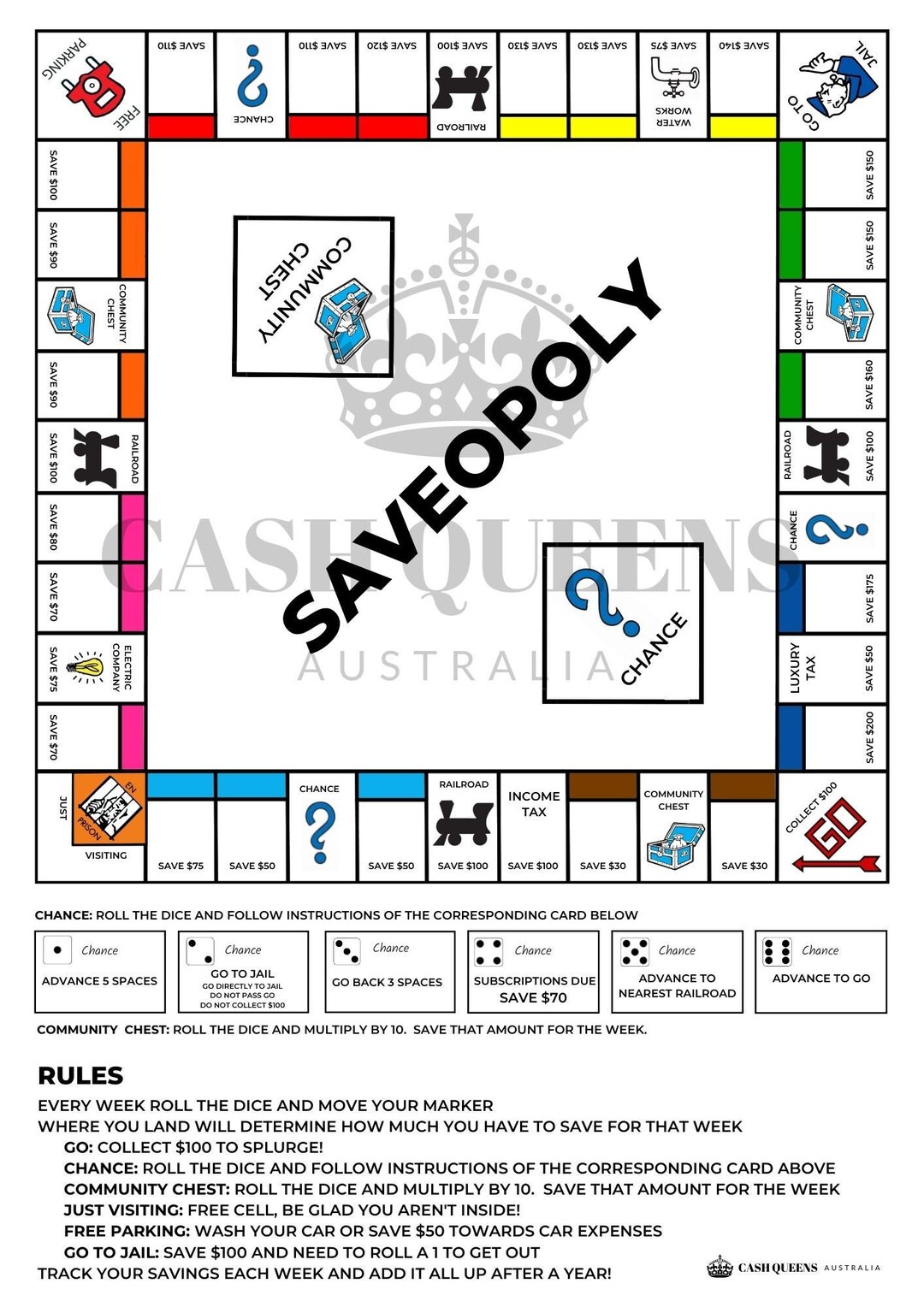 Printable Saveopoly Savings Challenge Savings Goal Savings Tracker Cash Printable Saveopoly Savings Challenge Savings Goal Savings Tracker Cash