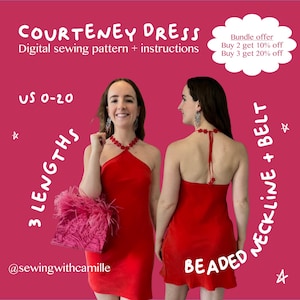Patrón de costura en PDF del vestido Courteney / Vestido con cuello halter cortado al bies en tallas mini, midi y maxi / Tallas estadounidenses 0–20 / Descarga instantánea