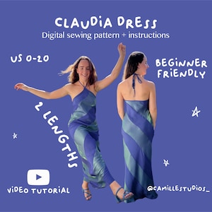 Robe Claudia/Robe d'été coupée en biais (longueurs mini + maxi)/Patron de couture PDF numérique/Taille US 0-20/Téléchargement instantané avec 11 tailles imprimables