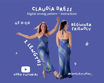 Claudia Kleid PDF Schnittmuster | Schräg geschnittenes Neckholder-Kleid in Mini + Maxi | Schmeichelhafte Passform | US Größen 0–20 | Sofort Download