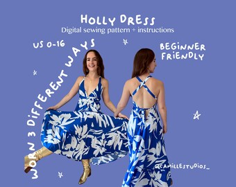 Holly Kleid PDF Schnittmuster | Rückenfreies Sommerkleid mit Wickelkrawatten | Abgestufter Saum | US Größen 0–16 | Sofort Download