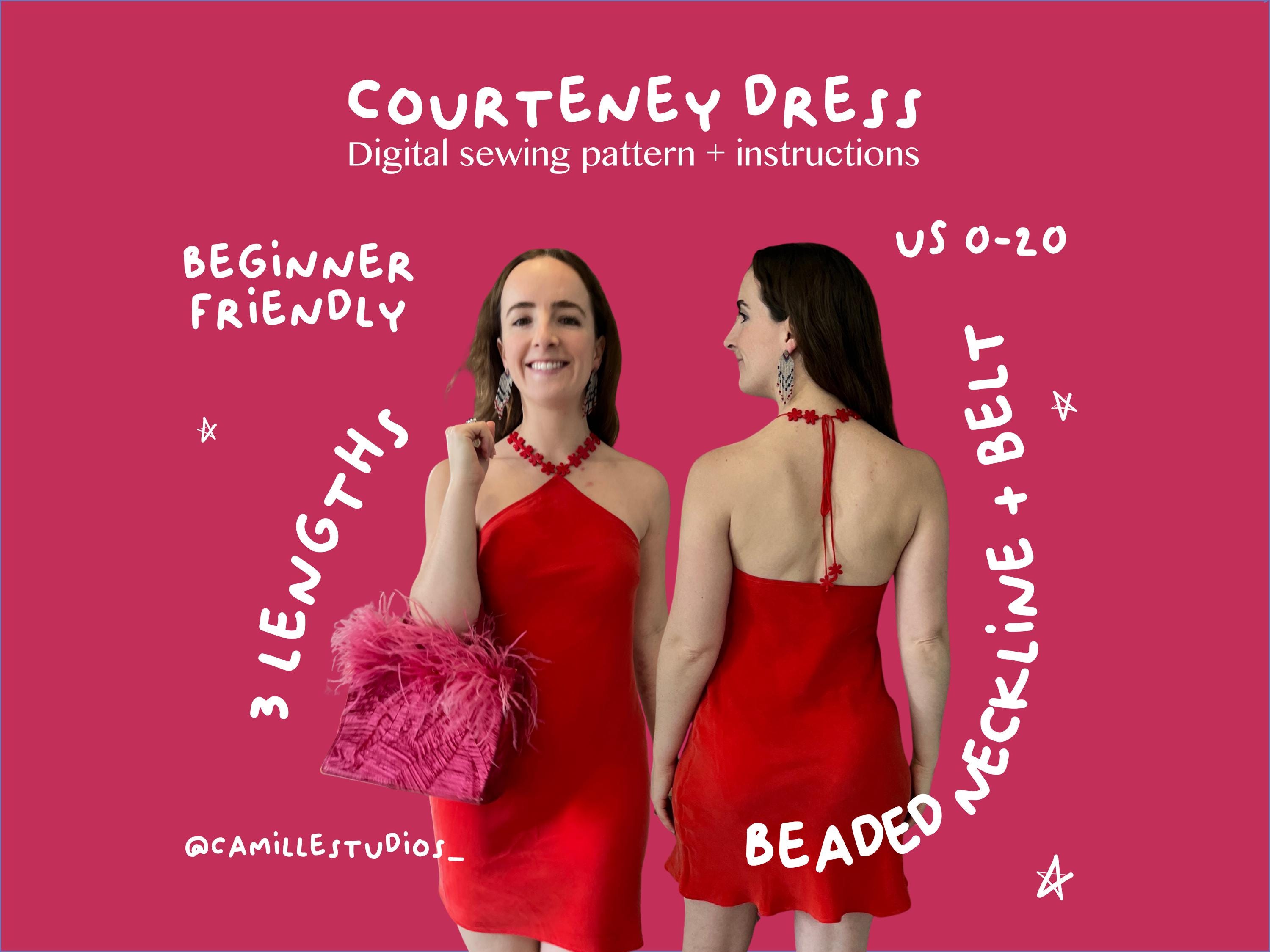 Courteney Kleid PDF Schnittmuster | Bias-Cut Neckholder-Kleid in Mini, Midi + Maxi | US Größen 0–20 | Sofort Download