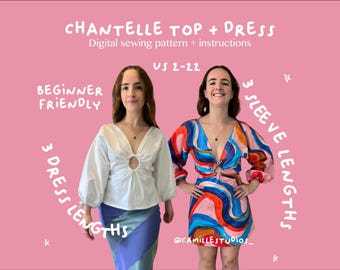 Chantelle Kleid + Top PDF Schnittmuster | Kleid mit Puffärmeln und Krawatten-Detail | 3 Ärmel + Rocklängen | Größen 2–22 | Sofort Download