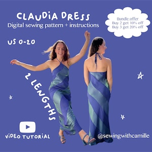 Molde em PDF para Vestido Claudia | Vestido com Decote Halter em Corte Viés nos Comprimentos Mini e Maxi | Caimento Perfeito | Tamanhos EUA 0–20 | Download Imediato