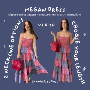 Megan Dress PDF Sewing Pattern | Shirred Bodice Tiered Dress in Mini, Midi or Maxi | Strapless or Strappy | US Sizes 0–20 | Instant Download