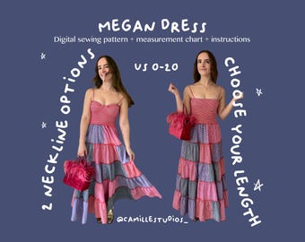 Megan Kleid PDF Schnittmuster | Gerafftes Mieder-gestuftes Kleid in Mini, Midi oder Maxi | Trägerlos oder Riemchen | US Größen 0–20 | Sofort Download