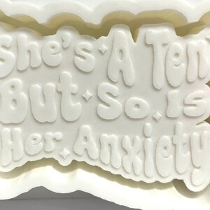 May include: A white, cloud-shaped mold with the text "She's A Ten But So Is Her Anxiety" in a bubbly font. The text is raised and surrounded by small star shapes. The mold is for creating decorative items.