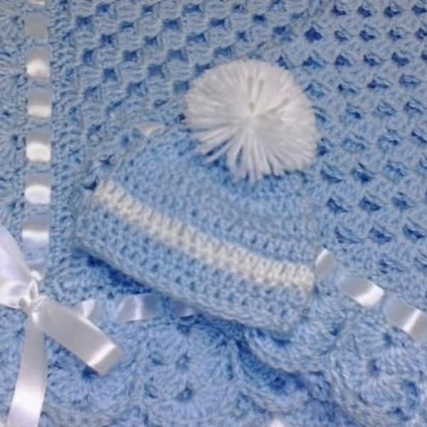 Crochet Baby Blanket Set, Baby Beanie Hat, Matching Booties in Baby Blue and White, Baby Boy
