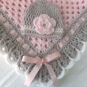 Crochet Baby Blanket Set, Baby Beanie Hat, Baby Booties in Light Pink, White and Gray, Baby Girls, Baby Shower Gift