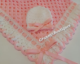 Crochet Baby Blanket Set, Baby Beanie Hat, Matching Booties in Baby Pink and White, Baby Girls Baby Shower Gift
