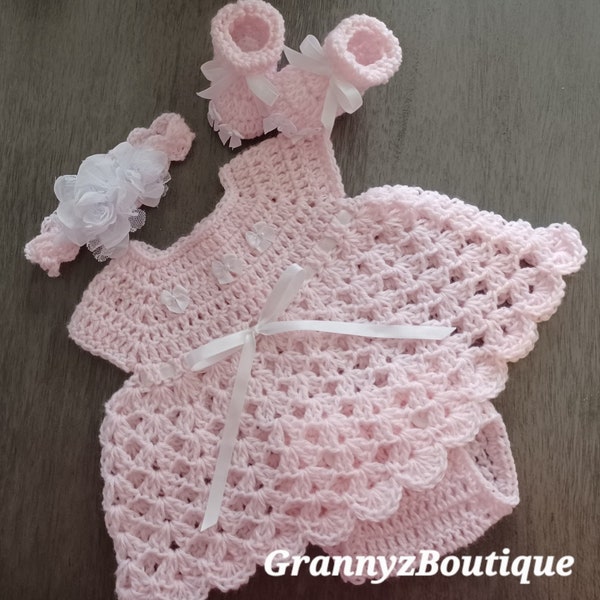Crochet Baby Dress Pink White Girl Dress Set Crochet Headband Diaper Cover Baby Booties Newborn Bring Baby Home Crochet Outfit