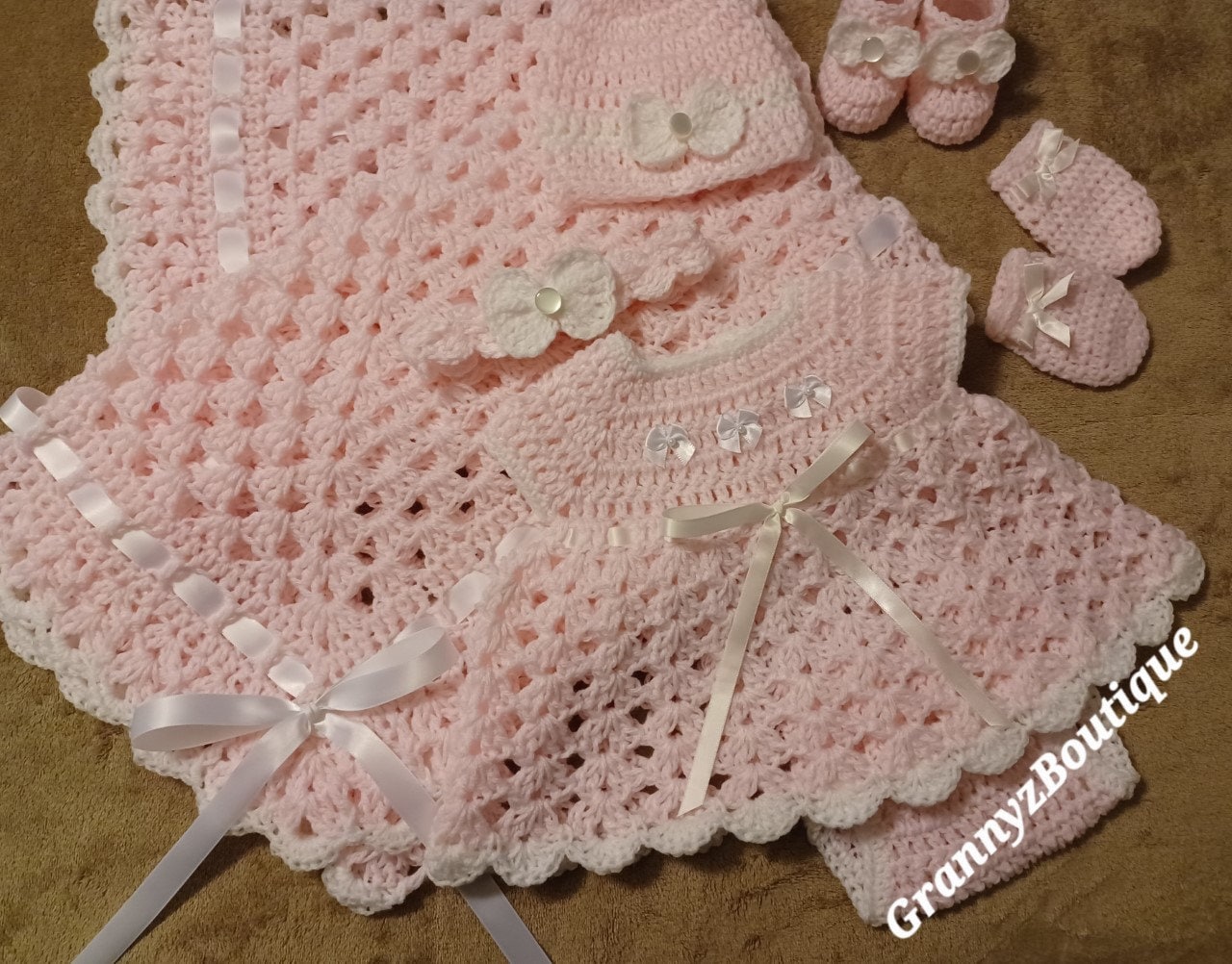 Crochet Baby Layette Blanket Set Dress Diaper Cover Hat Scratch Mittens Booties Pink White Bow Girl Newborn Outfit 7Pc
