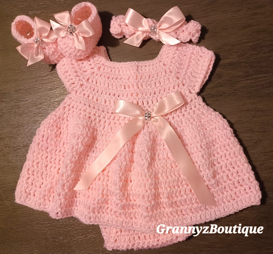 Crochet Baby Pink Baby Girl Dress Set Headband Diaper Cover Booties ...