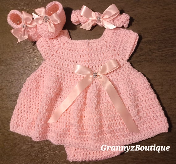pink dress 0 3 months Crochet Baby Pink Baby Girl Dress Set Headband Diaper Cover Booties Newborn 0/3 Month Girl Newborn Dress Outfit Baby Shower Gift