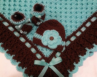 Crochet Baby Blanket Set Baby Hat Baby Booties Mint Green Brown Baby Girls Baby Shower Gift