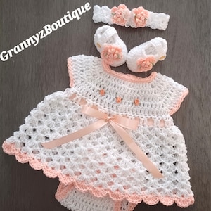 Crochet White and Peach Newborn Dress Set Baby Dress, Headband, Mary Jane Booties,Diaper Cover,Photo Prop