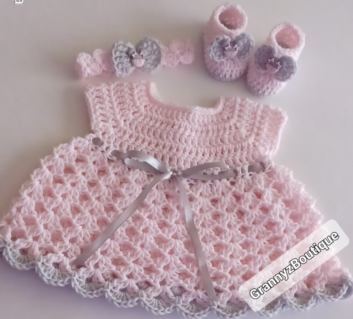 Light Pink and Gray Crochet Baby Dress Set With Matching Etsy