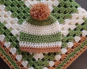 Crochet Baby Blanket and Hat Set, Sage Green, Brown and Beige