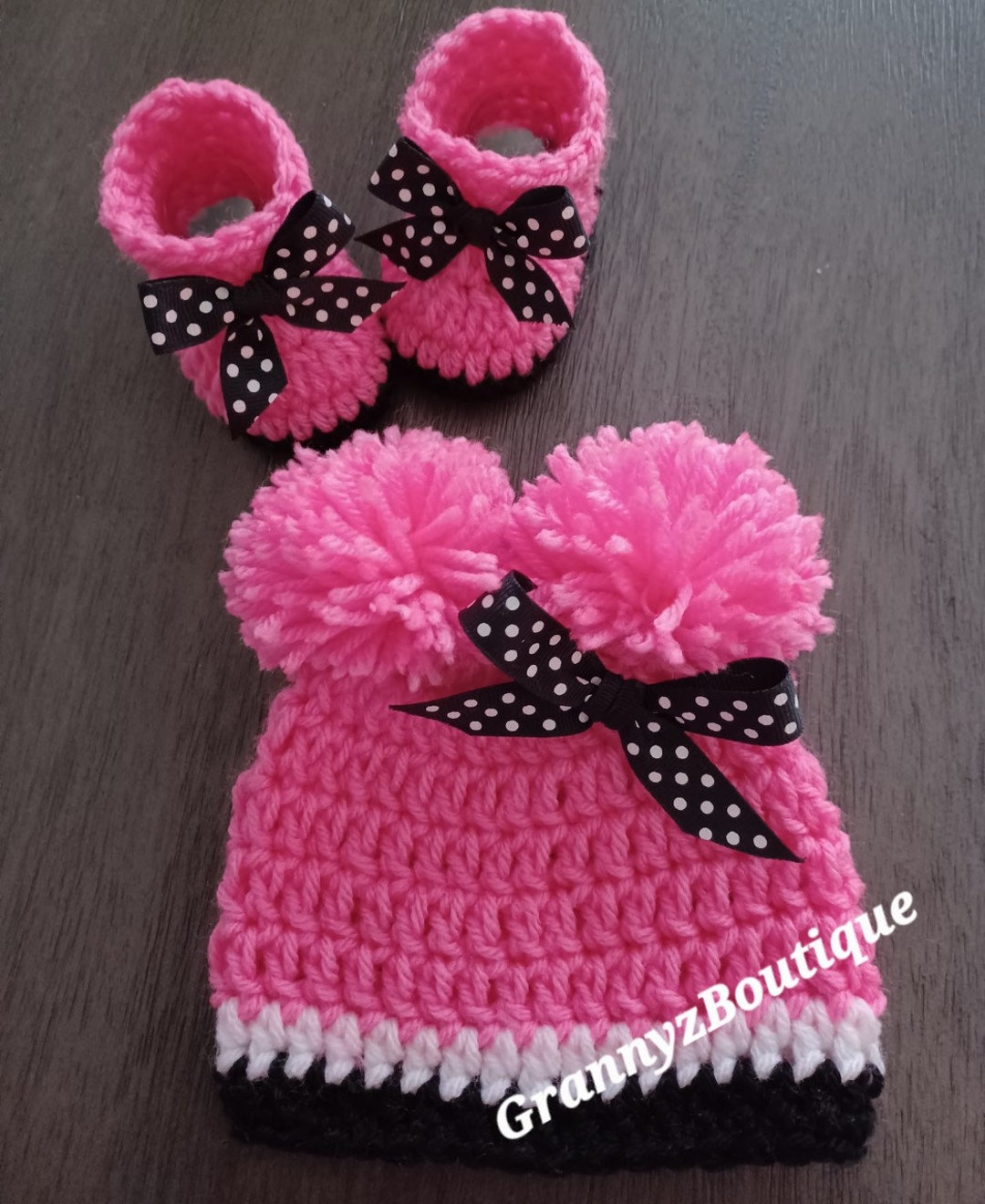 Hot Pink Crochet Baby Winter Beanie Hat With Double Pom Poms and Polka ...