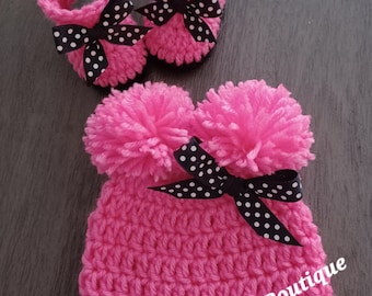 Hot Pink Crochet Baby Winter Beanie Hat with Double Pom Poms and Polka Dots Bow Girls, Newborn Baby Gift