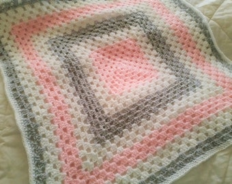 Crochet Baby Blanket Set Baby Hat Baby Pink Gray White Baby Girl Newborn Baby Blanket Infant Blanket Set Baby Girl