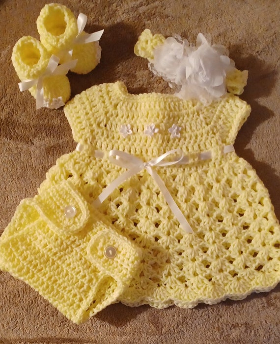 Crochet amarillo claro blanco bebé niña vestido conjunto diadema