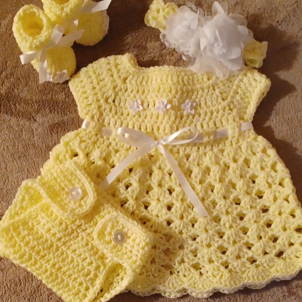 Crochet Light Yellow White Baby Girl Dress Set Headband Diaper Cover Booties Newborn 0/3 Month Girl Newborn Dress Outfit Baby Shower Gift