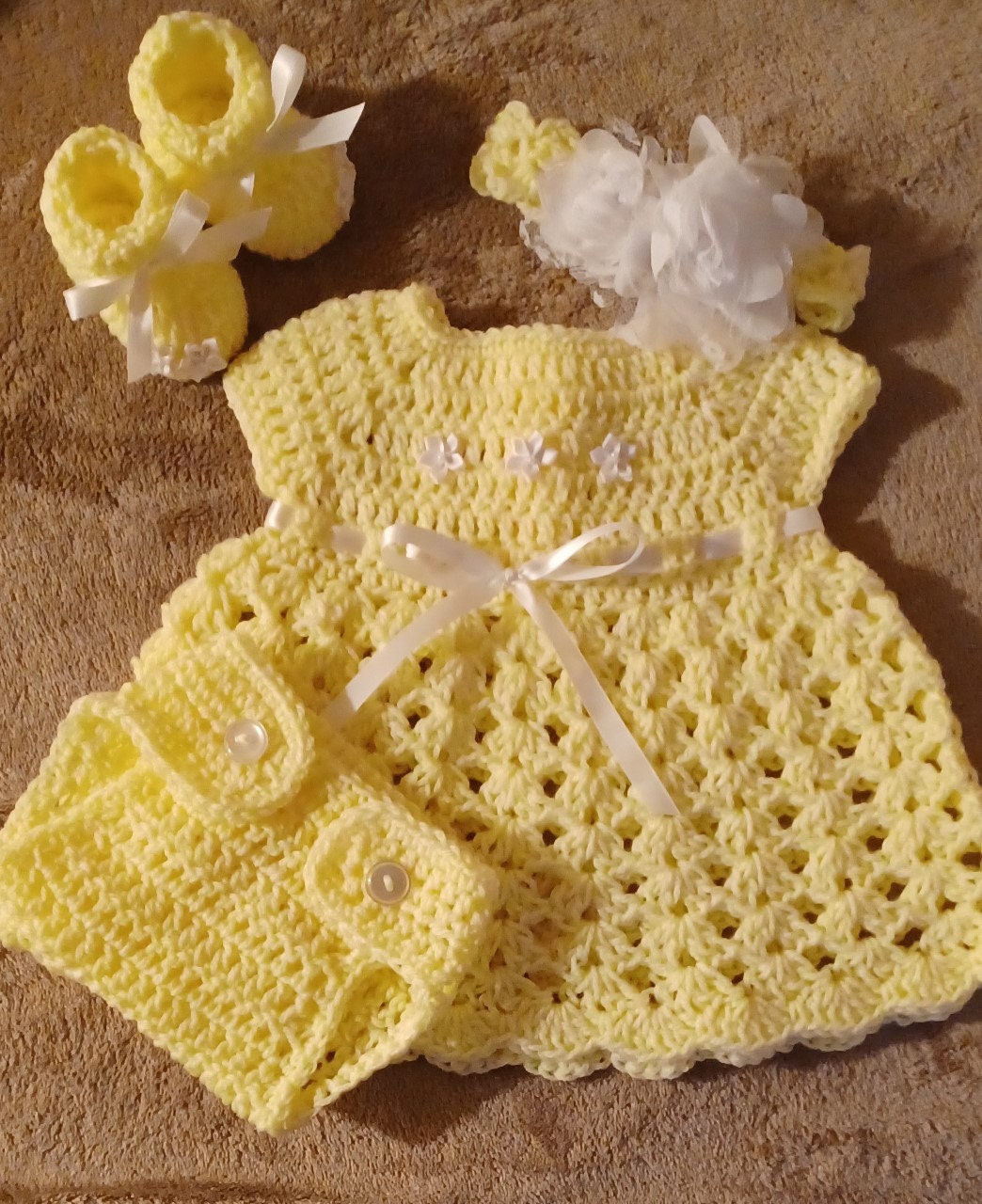 Crochet Light Yellow White Baby Girl Dress Set Headband Diaper Cover Booties Newborn 0/3 Month Outfit Shower Gift
