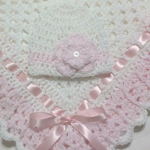 Crochet Baby Blanket Set, Baby Beanie Hat, Matching Booties in White and Baby Pink, Baby Girls Baby Shower Gift