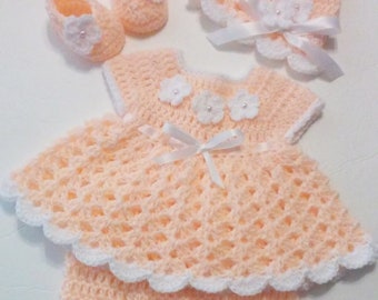Crochet Peach Baby Girl Dress Set Newborn 0-3 Months Baby Girl Baby Shower Gift Spring Summer