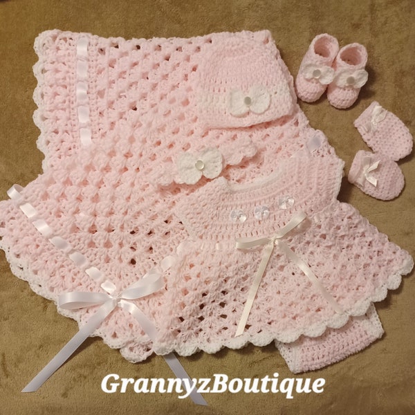 Crochet Baby Layette Blanket Set Dress Diaper Cover Hat Scratch Mittens Baby Booties Pink White Bow Baby Girl Newborn Crochet Outfit 7pc Set
