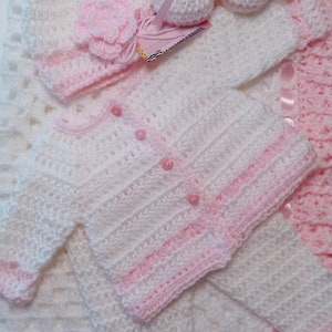 Crochet Baby Layette Pink Blanket Hat White Pink Baby Girl Newborn Crochet Sweater Pants Booties Flower Crochet Baby Girl Outfit 5pc Set