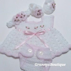 Crochet White and Pink Newborn Dress Set Baby Dress, Headband, Mary Jane Booties,Diaper Cover,Photo Prop
