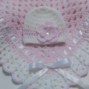 Crochet Baby Blanket Set, Baby Beanie Hat, Matching Booties in Baby Pink and White, Baby Girls