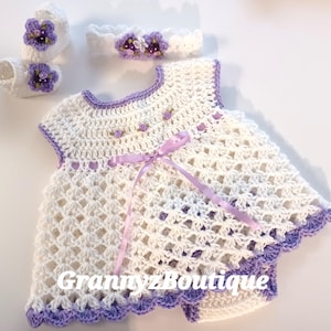 Crochet White Light Purple Newborn Dress Set Baby Dress, Headband, Mary Jane Booties,Diaper Cover Photo Prop Baby Easter Dress Summer Outfit