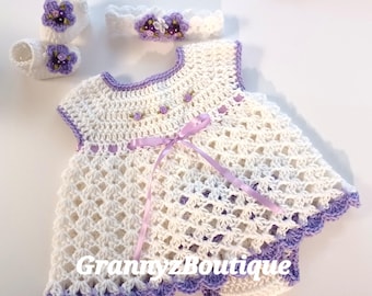 Crochet White Light Purple Newborn Dress Set Baby Dress, Headband, Mary Jane Booties,Diaper Cover Photo Prop Baby Easter Dress Summer Outfit