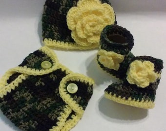 Crochet Dark Camouflage Yellow Diaper Cover Set Hat Booties Newborn Infant Baby Diaper Cover Baby Crochet Booties Infant Clothing