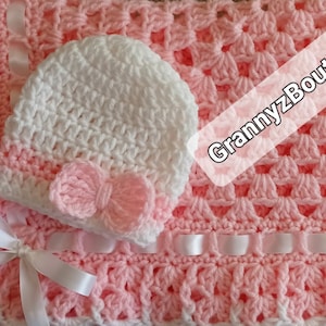Crochet Baby Blanket Set, Baby Beanie Hat, Matching Booties in Baby Pink and White, Baby Girls Baby Shower Gift